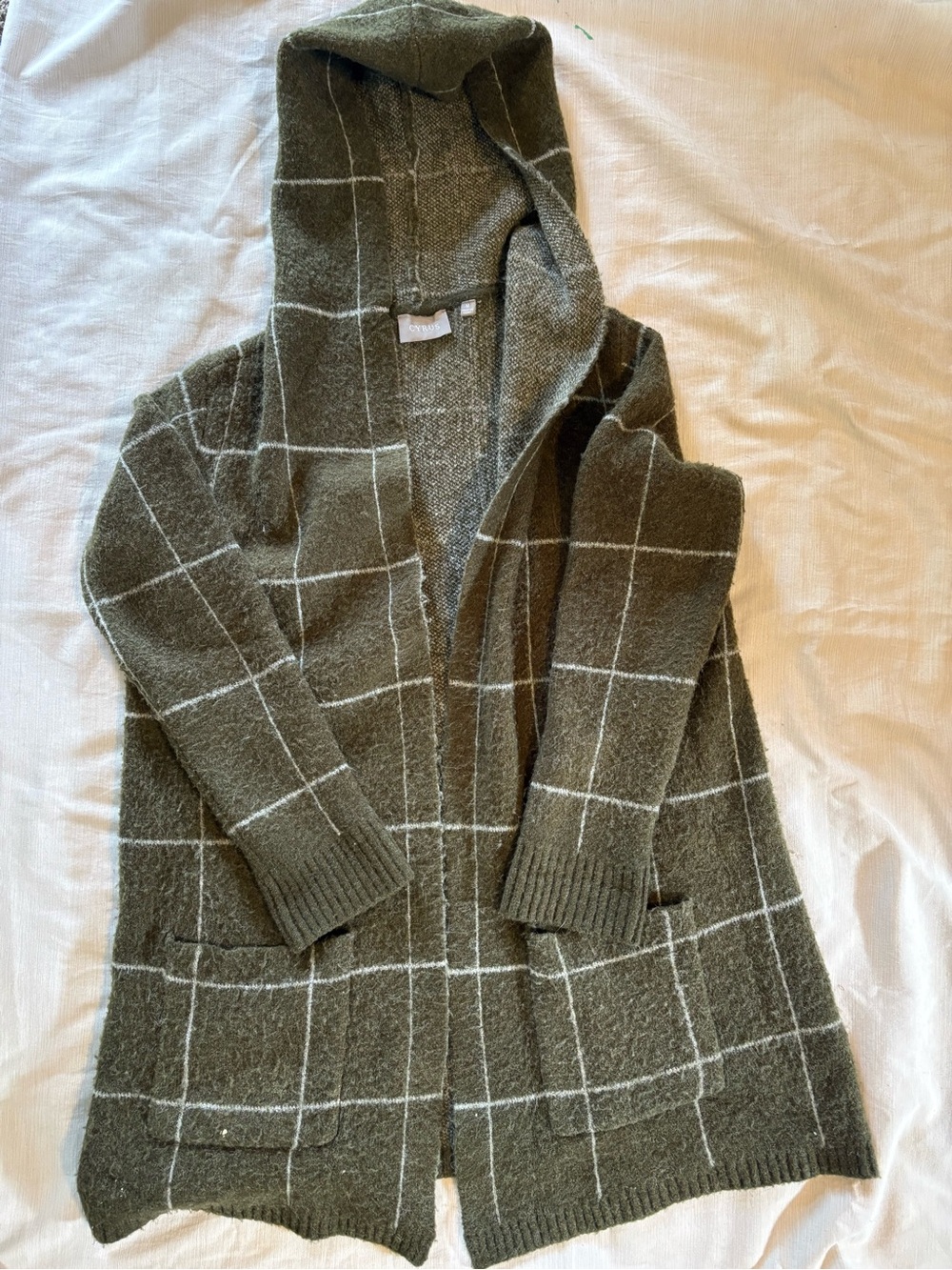 Cyrus Olive Hooded Open-Front Windowpane Cardigan